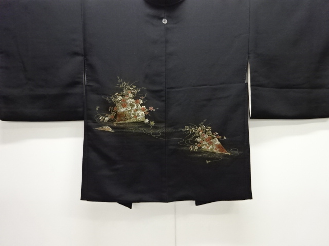 檜扇に草花模様織り出し一つ紋絵羽織